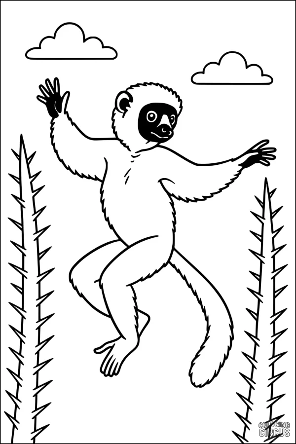 Coloring page showing a cartoon lemur jumping between tall spiky jungle plants with clouds overhead