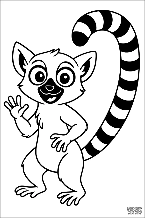 Coloring page featuring a cute cartoon lemur waving with a striped tail