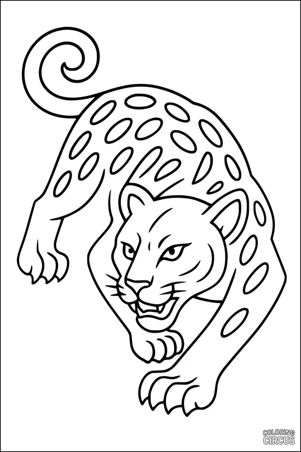 Coloring page of a playful leopard with bold spots and a curling tail, perfect for young children to enjoy.
