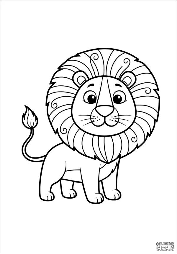 Coloring page of a cute cartoon lion with a large mane and happy expression