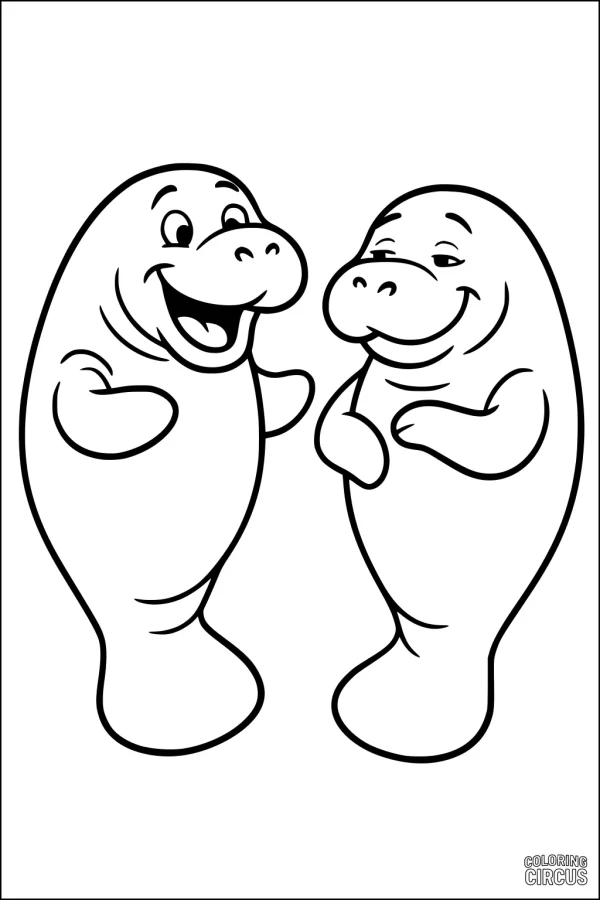 Coloring page with two cartoon manatees smiling and playing together