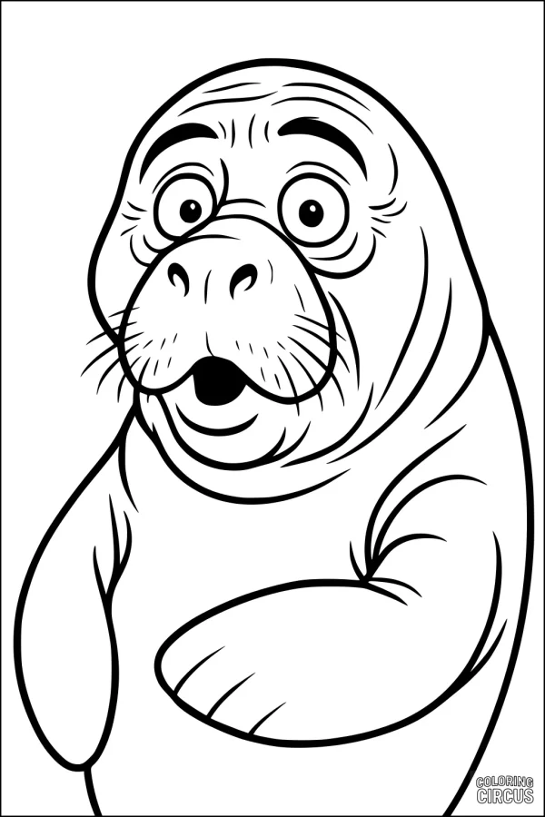 Coloring page of a cute cartoon manatee with a friendly, surprised expression