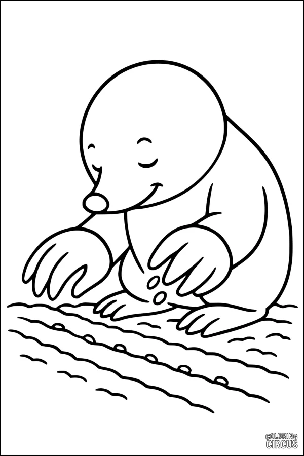Coloring page featuring a friendly cartoon mole digging in soft ground