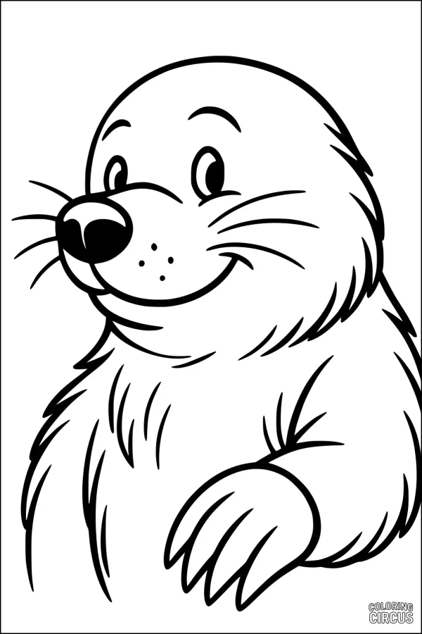 Coloring page showing a cute cartoon mole smiling and waving