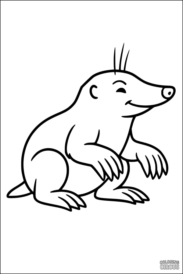 Coloring page of a cheerful cartoon mole sitting and smiling, simple lines, for young children
