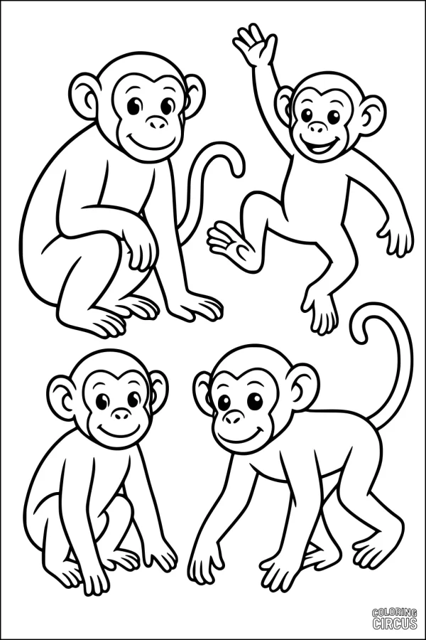 Coloring page featuring four cute cartoon monkeys in playful poses