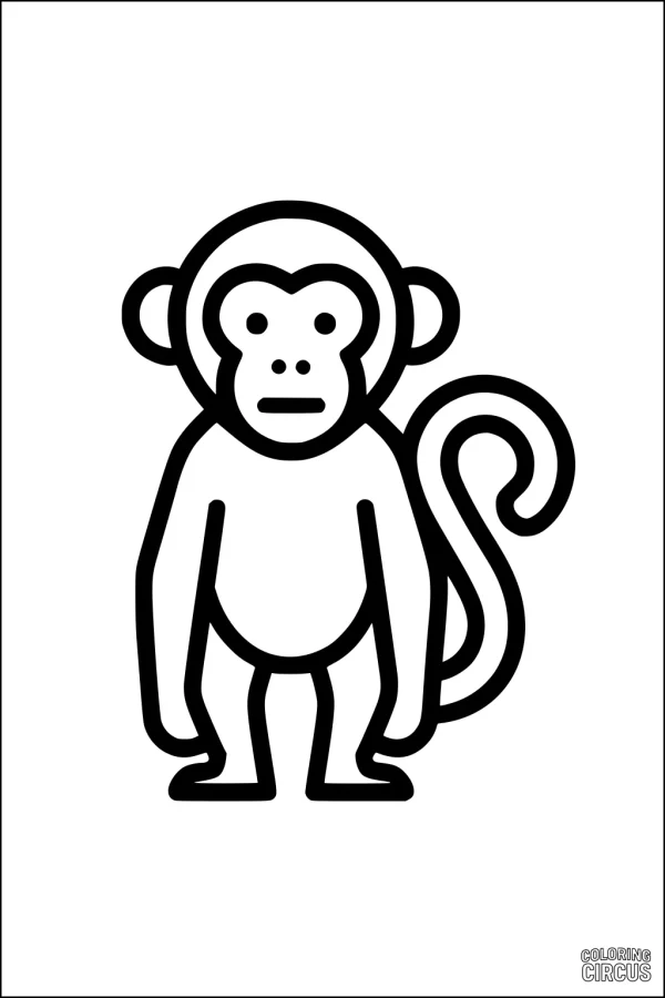 Coloring page featuring a simple cartoon monkey with a curled tail, large ears, and a friendly face