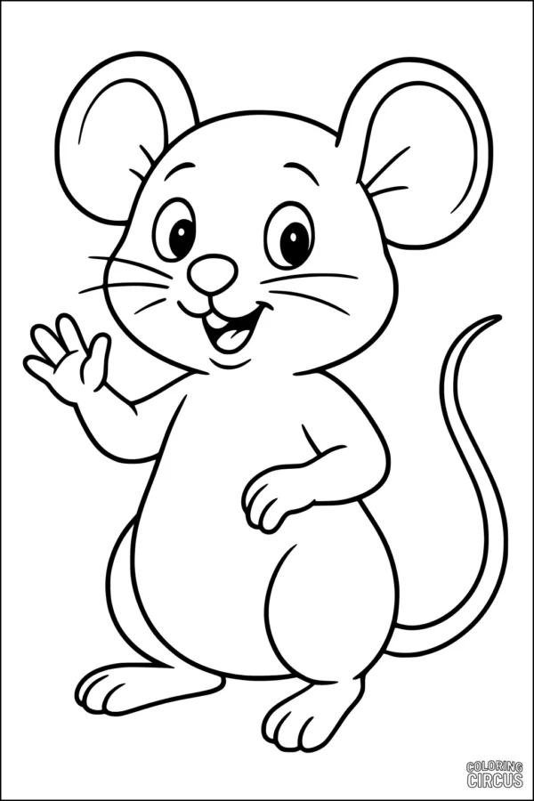 Coloring page of a cute mouse standing, waving, and smiling