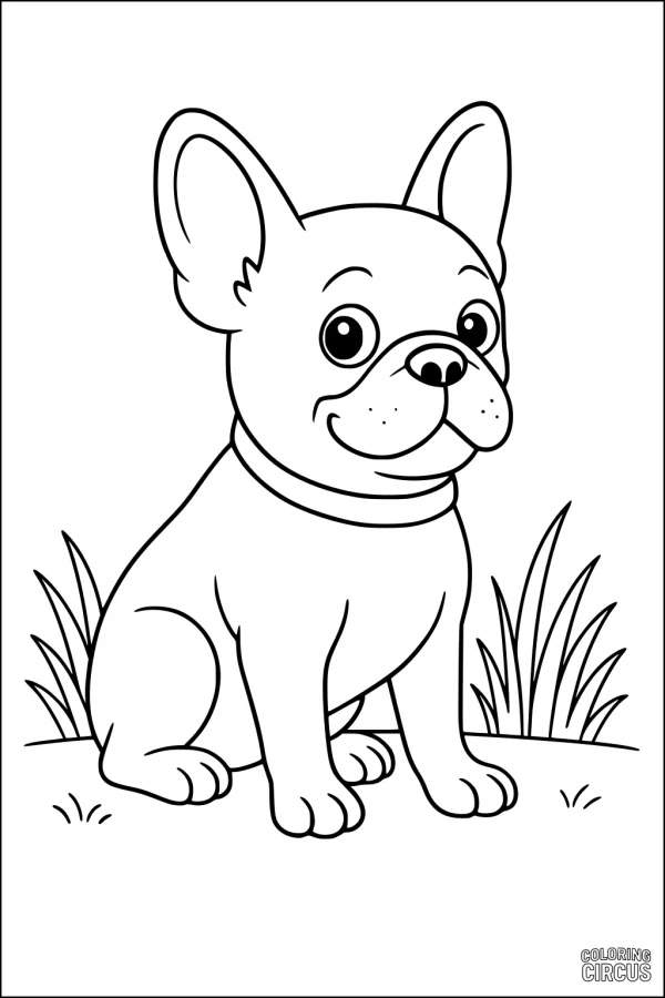 Coloring page of a cute cartoon dog sitting in grass, perfect for young children