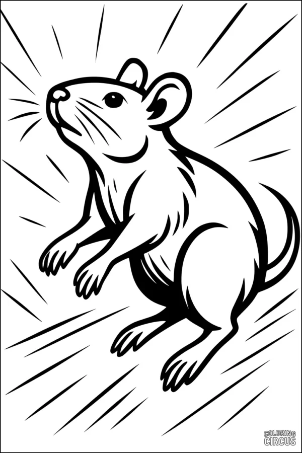 Coloring page of a cute rat with sunbeam lines radiating around it, ideal for children