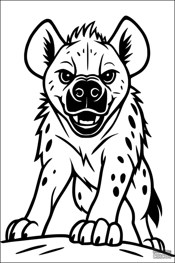 Coloring page featuring a smiling cartoon hyena with large ears and prominent spots, perfect for kids.