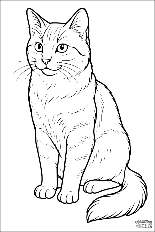 Coloring page of a realistic sitting cat with fluffy fur, bright eyes, and gentle expression