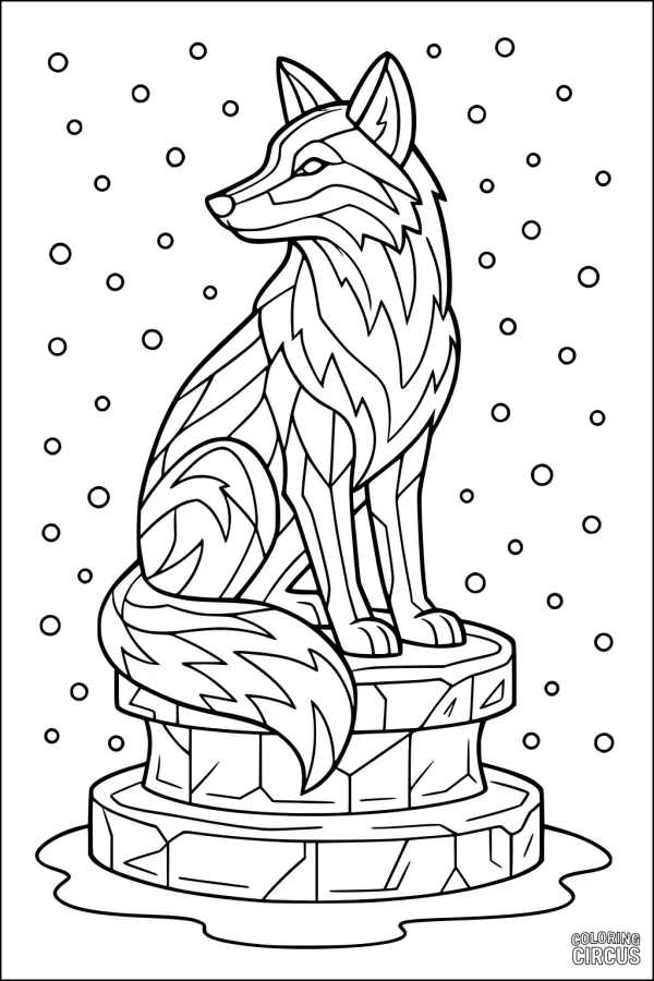 Coloring page of a stylized fox sitting on an ice pedestal with snowflakes in the background