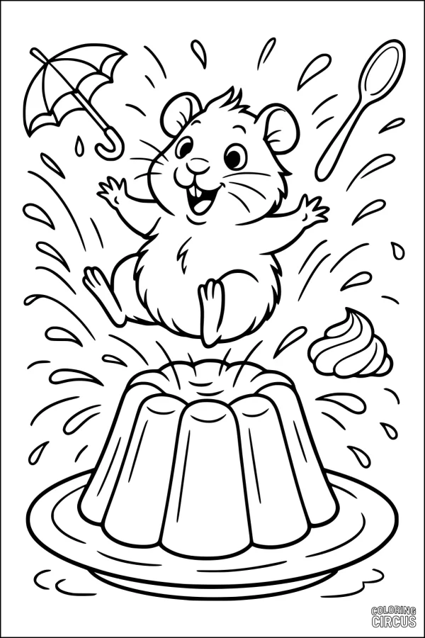Coloring page of a happy guinea pig jumping on jelly with a spoon and umbrella