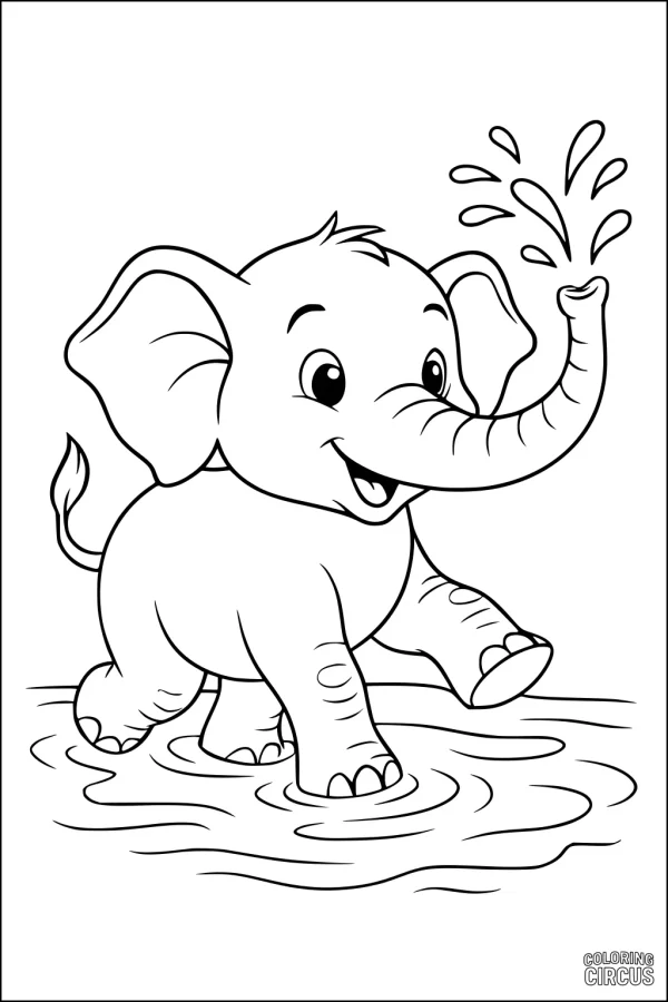 Coloring page of a happy baby elephant splashing water from its trunk in a puddle, suitable for young children