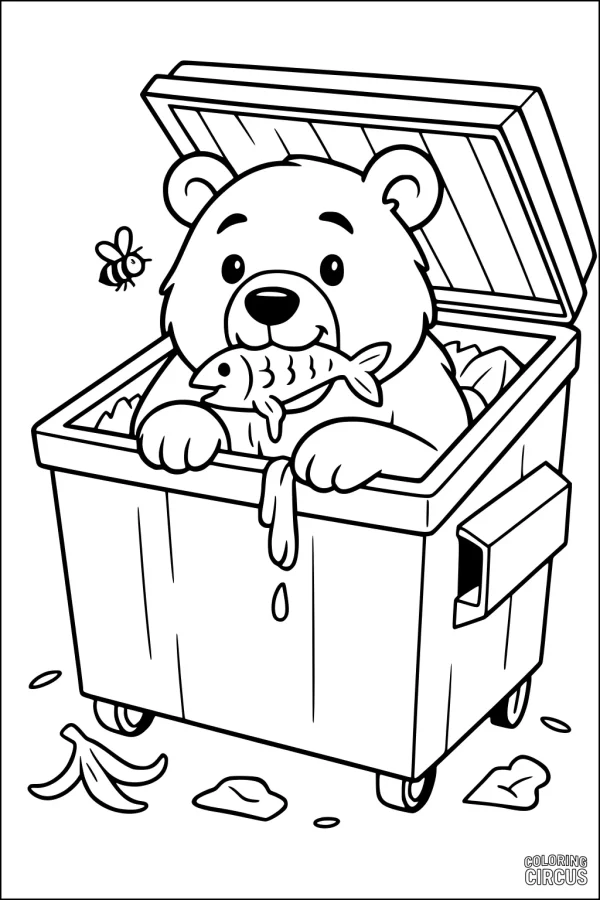 Coloring page of a cute bear eating fish in a trash bin with a bee and banana peel