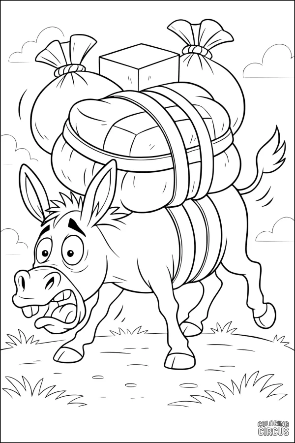 Coloring page of a comical donkey carrying oversized bundles and bags across a grassy field