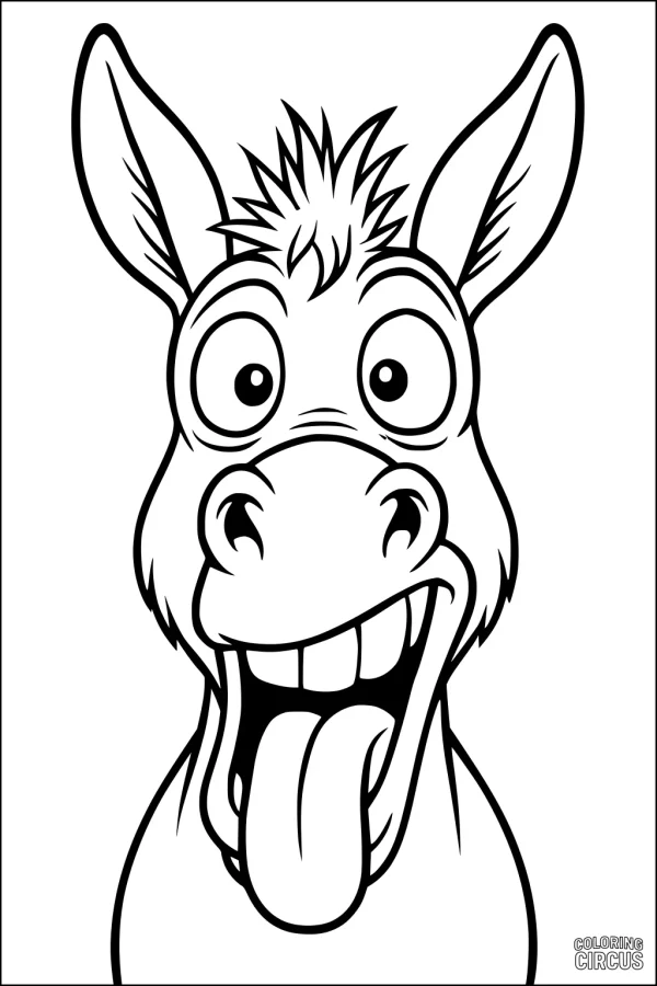 Coloring page featuring a funny cartoon donkey with a big smile and tongue out
