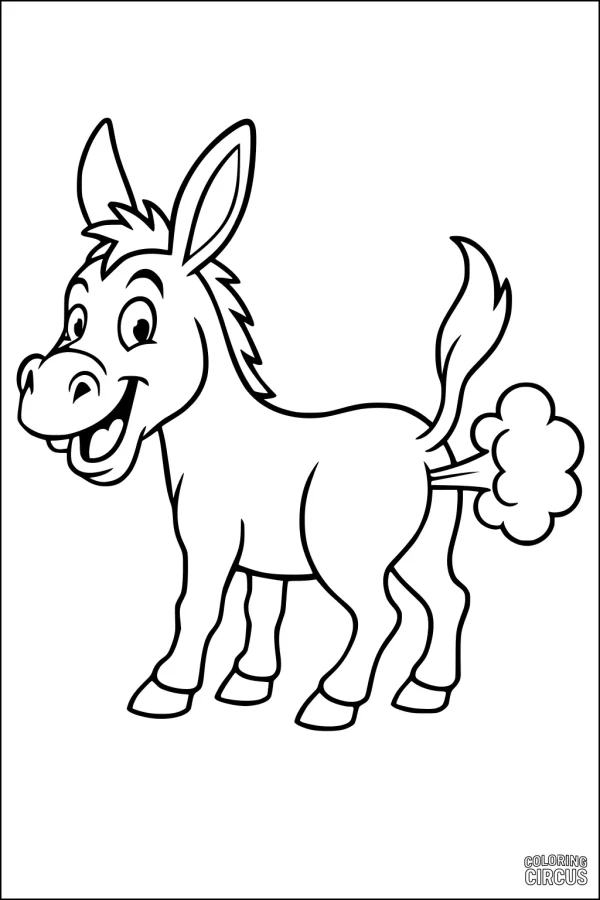 Coloring page of a happy cartoon donkey with a puff of gas on a white background