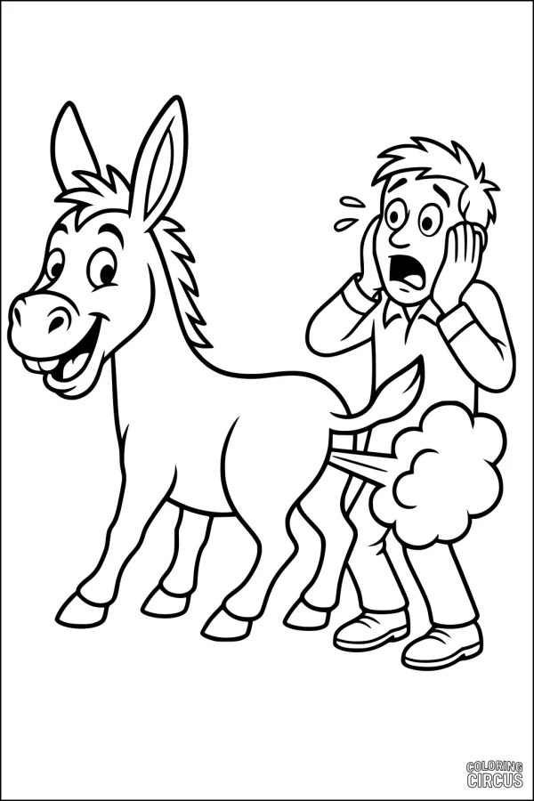 Coloring page of a cartoon donkey farting near a startled farmer