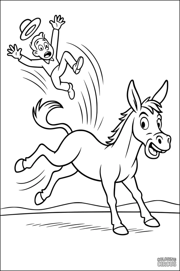 Coloring page playful donkey kicking up its rider in a cartoon meadow scene