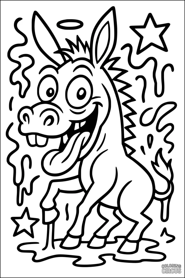 Coloring page of a cartoon donkey jumping among stars and puddles with a silly expression