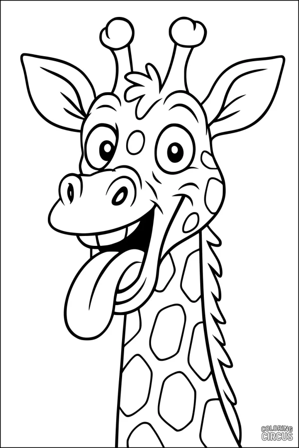 Coloring page showing a cartoon giraffe sticking out its tongue