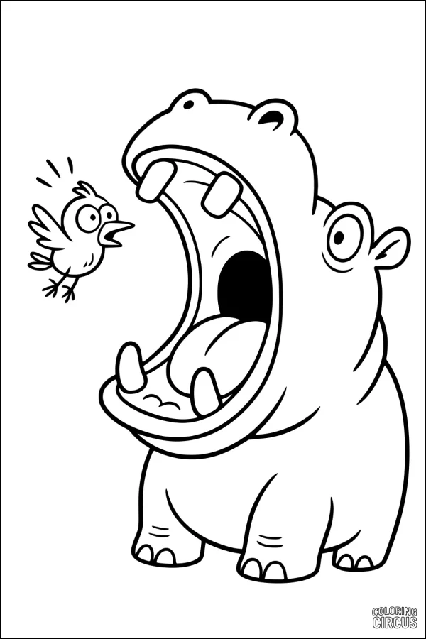 Coloring page featuring a cartoon hippopotamus with wide open mouth and a surprised bird
