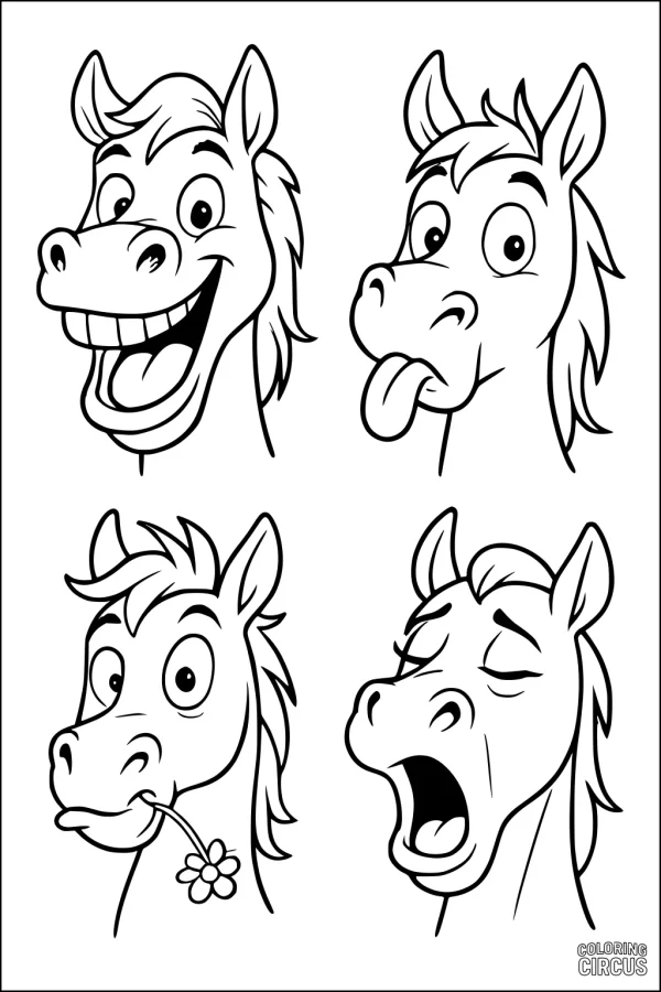 Coloring page featuring four cartoon horse faces with different playful expressions