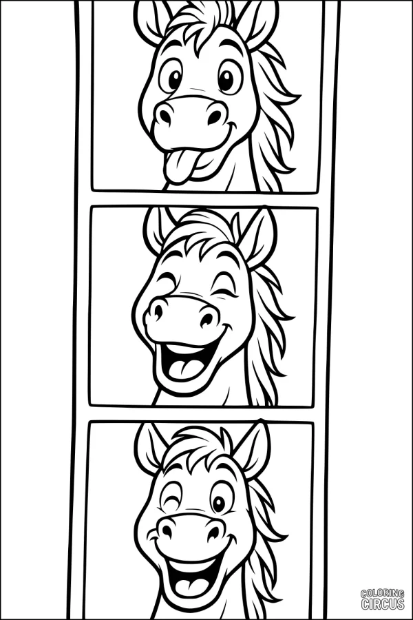 Coloring page of a cartoon horse making silly, happy faces in three photo booth frames