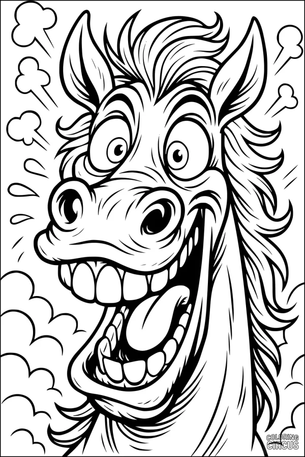 Coloring page featuring a cartoon horse with a big silly grin and expressive eyes