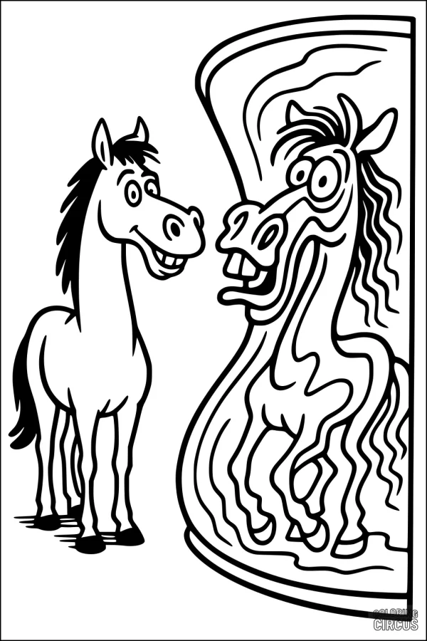 Coloring page featuring a cartoon horse smiling at its distorted reflection in a wavy mirror