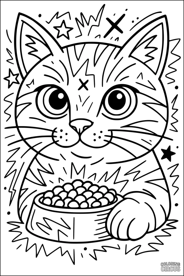 Coloring page featuring a cute cat with big eyes sitting by a food bowl, surrounded by stars