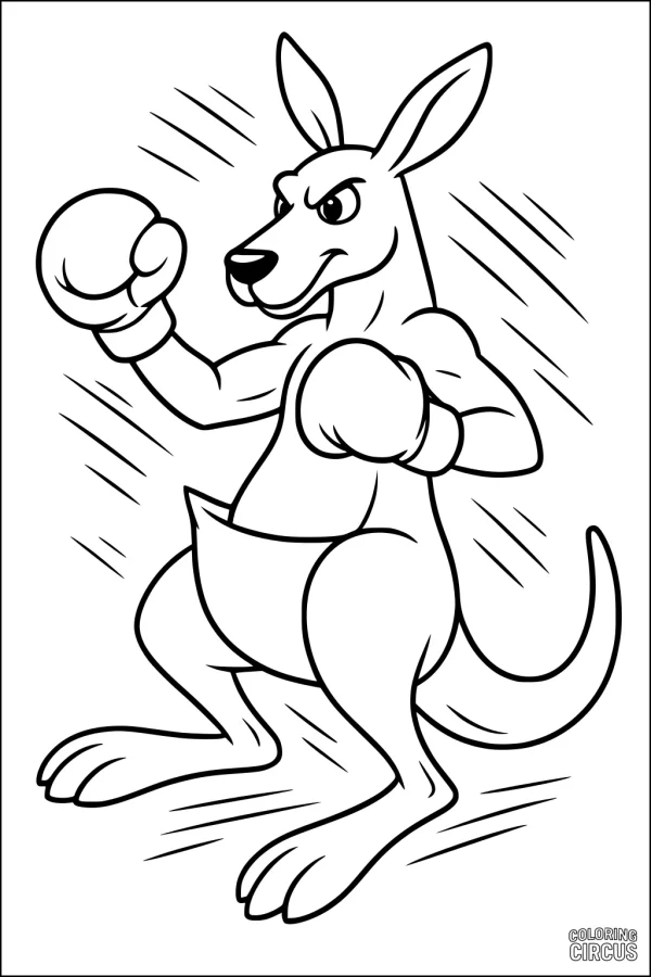 Coloring page showing a cartoon kangaroo wearing boxing gloves ready to box