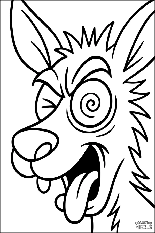 Coloring page of a cartoon kangaroo pulling a silly face with one spiral eye and its tongue sticking out