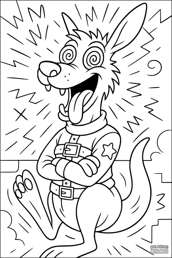 Coloring page showing a cartoon kangaroo with big swirling eyes, sticking out its tongue and wearing a star-patched shirt