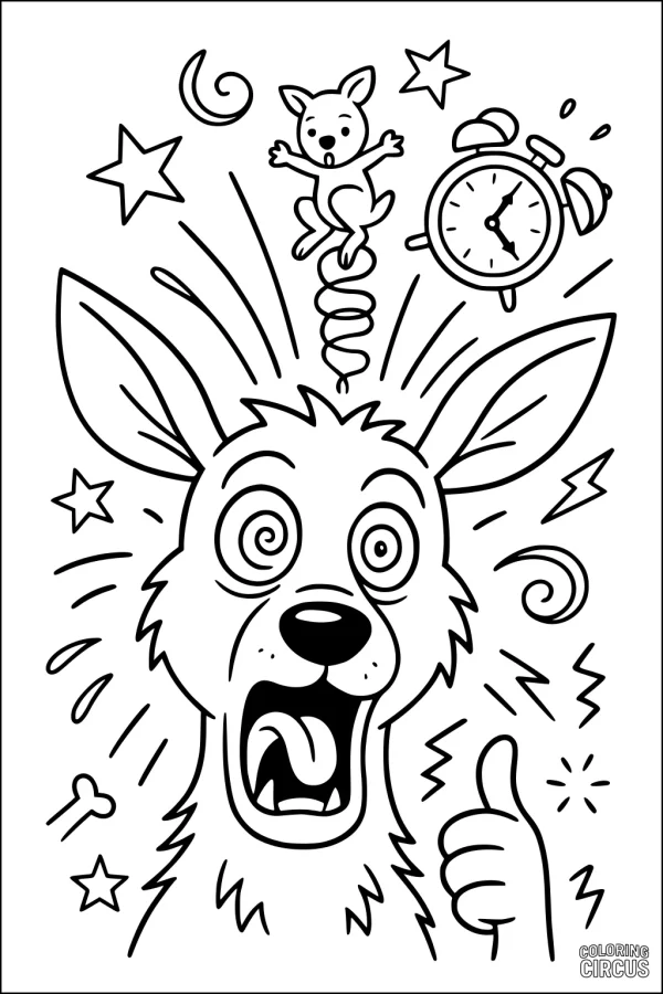Coloring page featuring a startled kangaroo with a baby joey popping up on a spring, surrounded by stars and an alarm clock