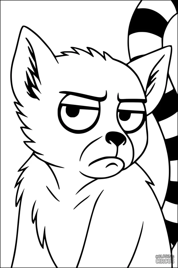 Coloring page of a cartoon lemur with a grumpy expression and striped tail