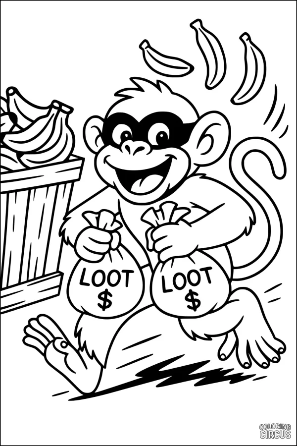 Coloring page of cheerful masked monkey running with loot sacks and bananas