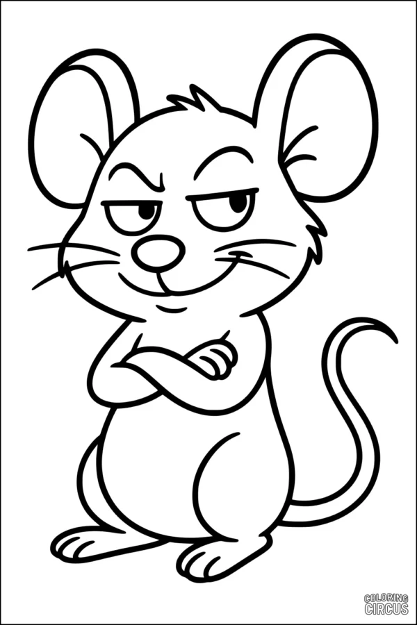 Coloring page features a cute cartoon mouse standing with crossed arms and a mischievous expression