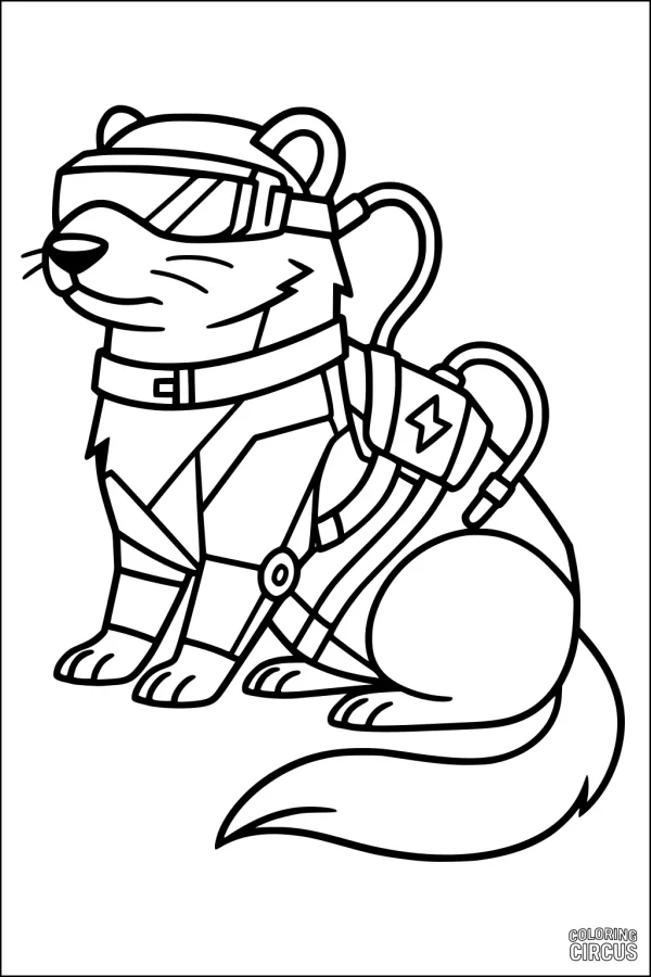 Coloring page of a cartoon ferret in a futuristic suit and visor with tech gadgets