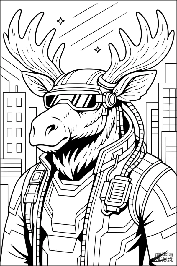 Coloring page featuring a cyberpunk moose wearing futuristic armor and sunglasses in a cityscape
