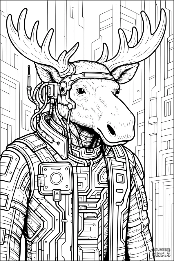 Coloring page of a moose in a futuristic robotic suit standing in a sci-fi city