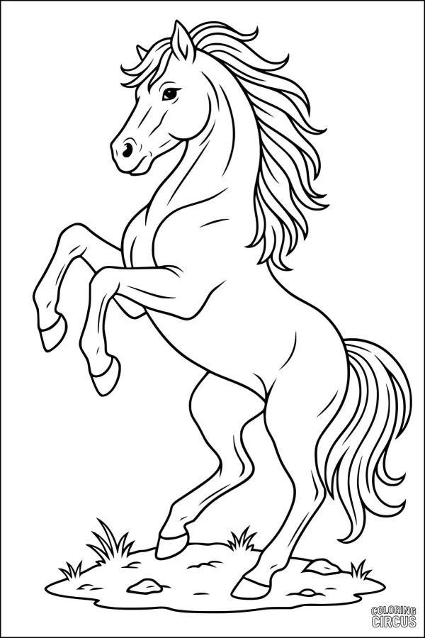 Coloring page of a rearing horse with flowing mane in a grassy meadow
