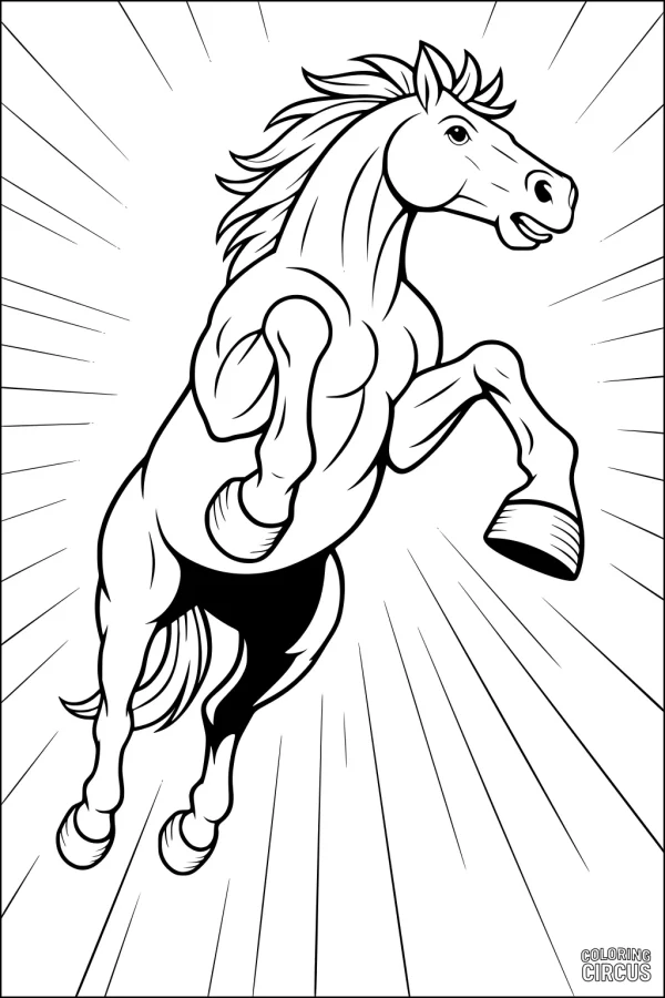 Coloring page of a dynamic rearing horse with energetic lines radiating outward