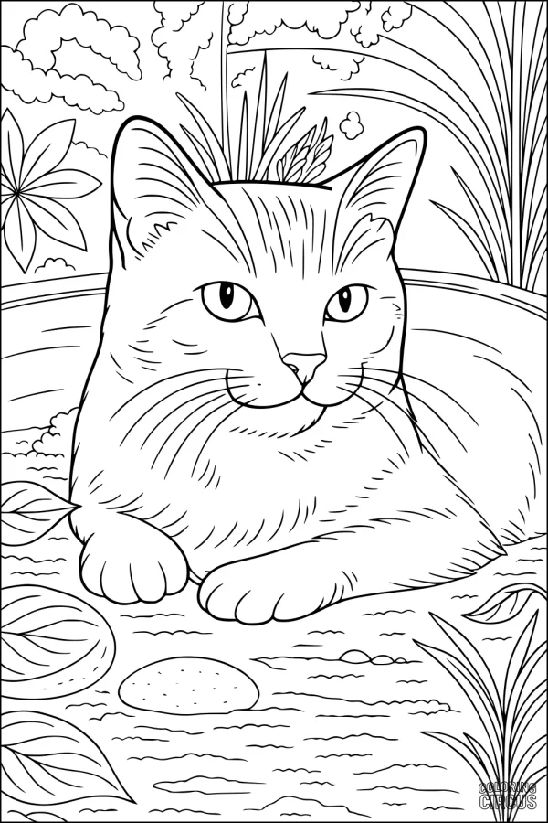 Coloring page of a domestic cat lounging by a pond, surrounded by garden plants and stones, for kids