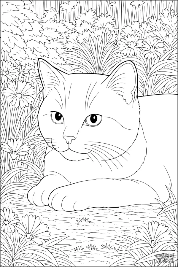 Coloring page of a domestic cat relaxing in a lush garden filled with grass and wildflowers