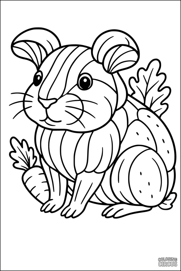 Coloring page showing a cute guinea pig sitting in a garden with a carrot and leafy plants