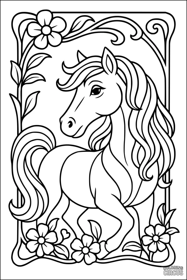 Coloring page featuring a friendly horse with flowing mane surrounded by flowers in a decorative framed border