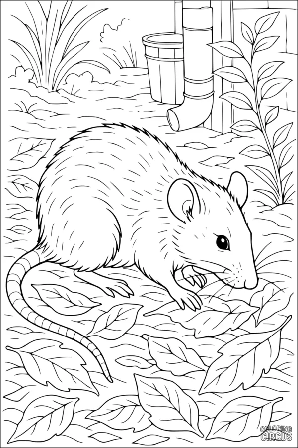 Coloring page of a rat exploring leaves in a backyard garden setting
